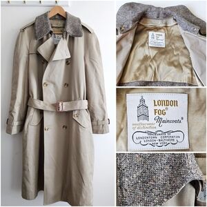 Vintage London Fog Maincoats Trench Coat 42 Long - Tweed Collar, Removable Liner